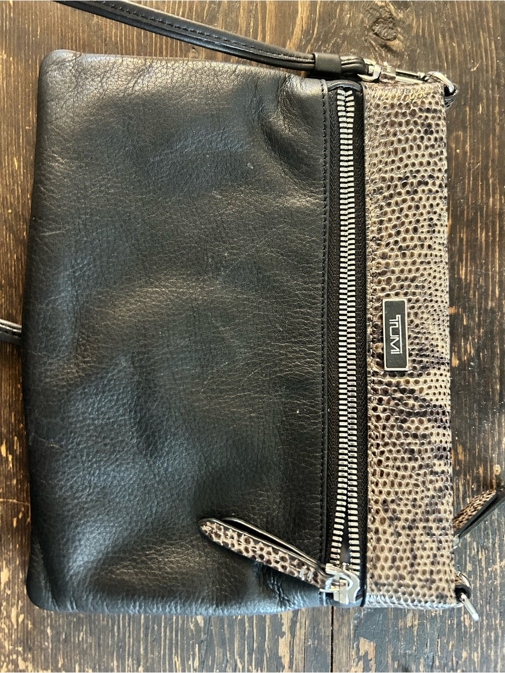 Tumi small “Voyager” Crossbody with Taupe Snakeskin Trim